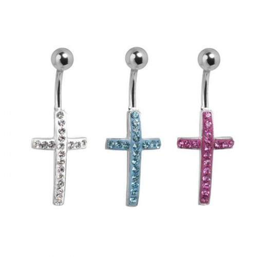 Sterling Silver Jewelled Cross Navel Bar (SB90)